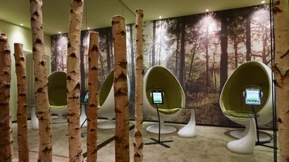 Moderner Raum mit eiförmigen Stühlen und Waldtapete