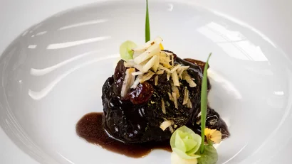 Kleine Portion dunkles Gourmetgericht mit Sauce und Garnitur auf weißem Teller