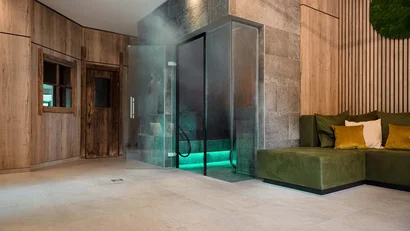 Moderne Sauna mit glastür und grünem Sofa in Holzraum