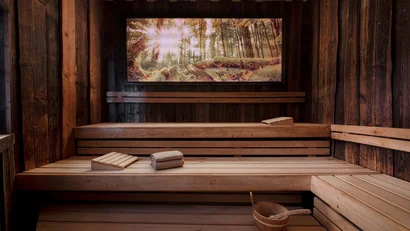 Innenansicht einer Sauna mit Holzbänken und Sonnenwald-Bild