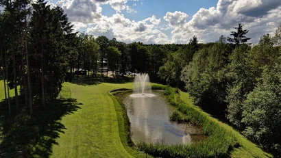 Teich mit Springbrunnen in einem parkähnlichen Waldgebiet unter bewölktem Himmel