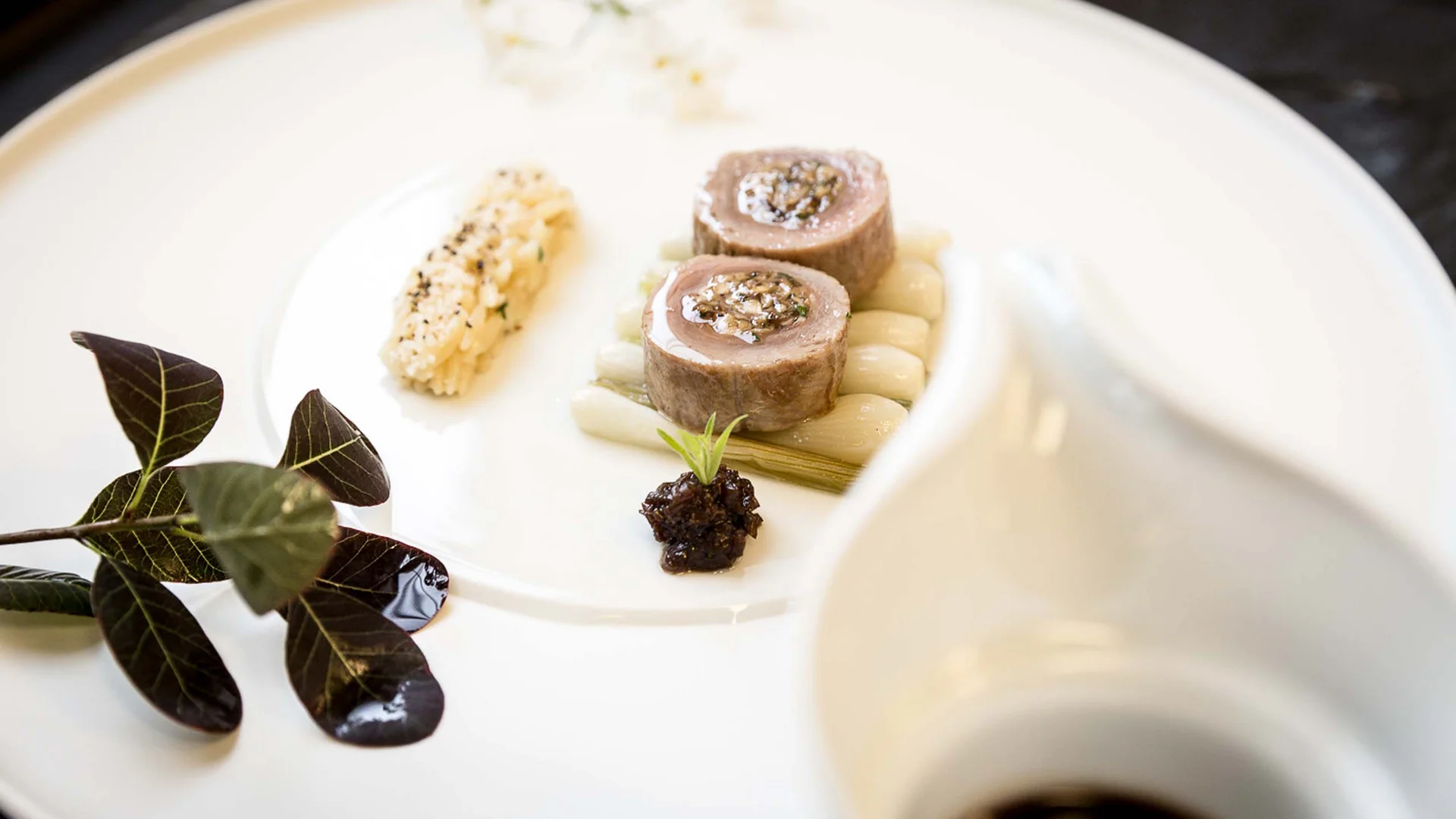 Gourmetgericht mit Fleischrollen und Sauce auf weißem Teller, dekorativ angerichtet
